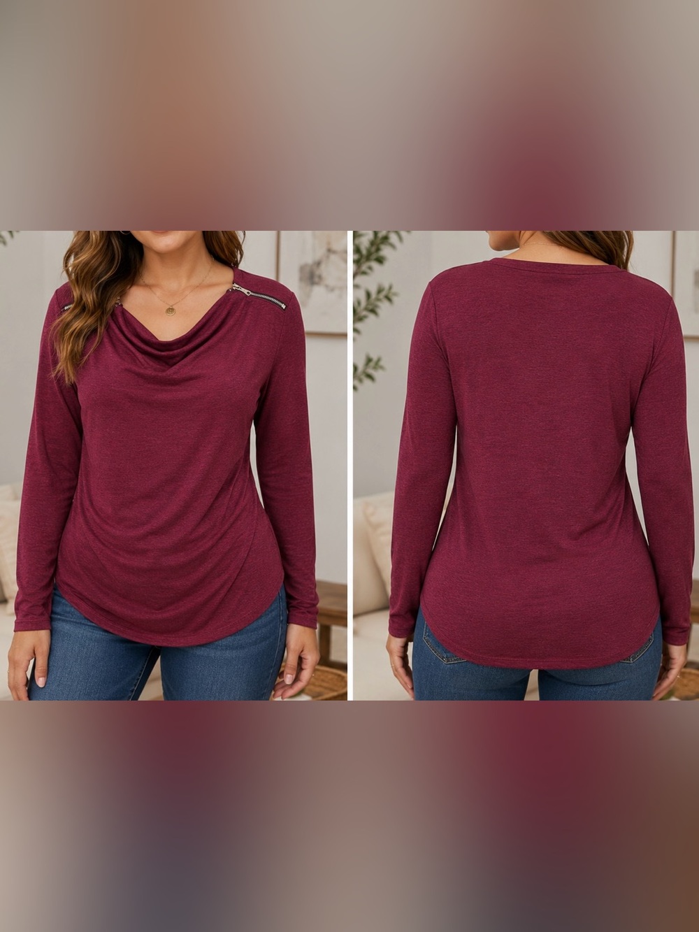 Carmen Marc Valvo Burgundy Zip-Shoulder Long Sleeve Top